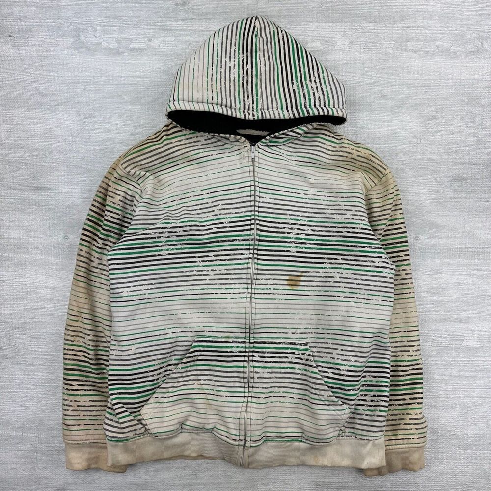 Vintage Y2K Hybrid Apparel Hoodie Mens XL Green White Striped Cyber Grunge Goth
